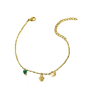 Gouden roestvrijstalen armband met groene hartsteen, Hamsa-bedel en barokke parel