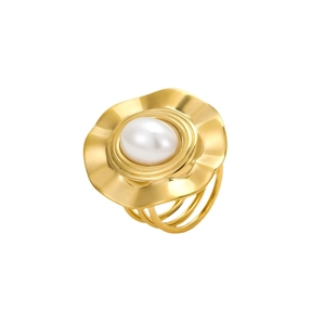 Elegant gold-plated geometric ring with a white pearl and triple band stainless steel design