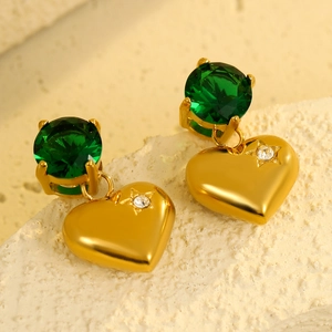 Polished gold stainless steel heart earrings with green stones and star zircon