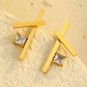 Minimalist gold stainless steel crossover stud earrings with a square zircon gemstone