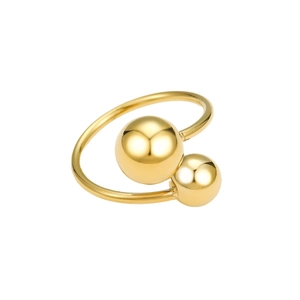 Bague ouverte en acier inoxydable avec deux boules dorées miroir au design sculptural