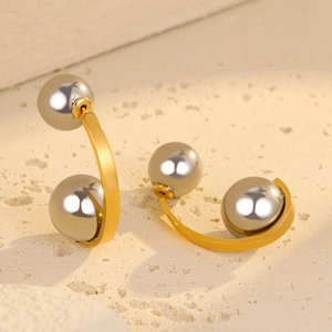 French style bicolored hollow steel ball earrings in gold and grey metal geometric design