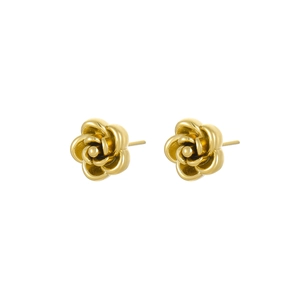 Vintage golden 3D rose flower stud earrings with polished layered petal design