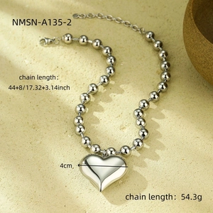 Gepolijste hartvormige hanger met roestvrijstalen kralenketting 44cm plus verlengketting
