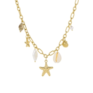 Gold marine necklace with starfish, seashell, conch and pearl charms in minimalist style