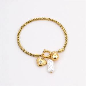 Gold braided chain bracelet with heart charm, pearl pendant, and metallic sphere charm
