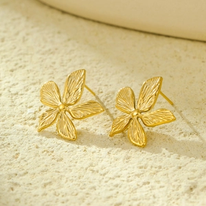 Minimalist 18k gold-plated stainless steel flower stud earrings with a brushed texture finish
