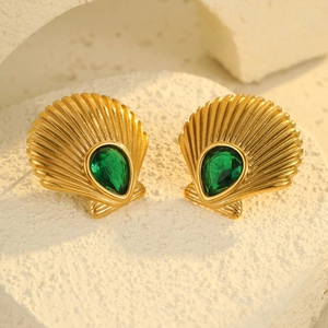 Gold-plated stainless steel fan earrings with vibrant green pear-cut natural stones