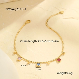 Detail of beaded gold anklet with multi-color gemstone pendants and dimension specs