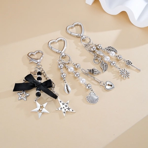 Sweet Cool Alloy Beaded Keychain Heart Lock Conch Star Snowflake Pendant Bag Charm Imitation Artificial Pearl Ribbon Bow Key Ring For Women