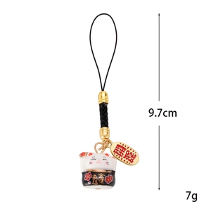 Japanese lucky cat ceramic phone charm with lucky tag and floral pattern design