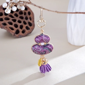 Handmade Chinese purple brocade gourd keychain with pearl and tassel in Zen style