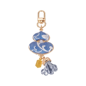 Handmade Chinese style gourd keychain with blue cloud pattern and grey silk tassel ornament