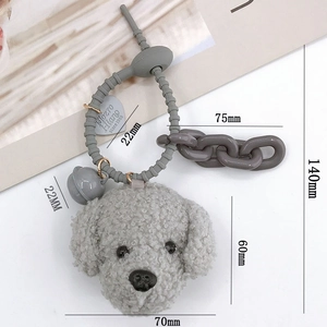 Cute grey teddy dog plush keychain with silicone wrist strap and heart charm bell