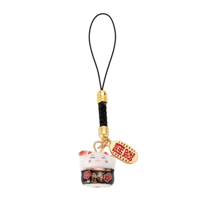 Lucky Maneki Neko ceramic phone charm with black woven strap and gold floral details