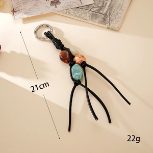 Handmade PU leather cord bag charm with vintage acrylic beads and metal ring clip