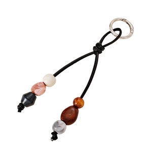 Vintage braided PU leather bag charm with colorful acrylic beads and silver metal clasp