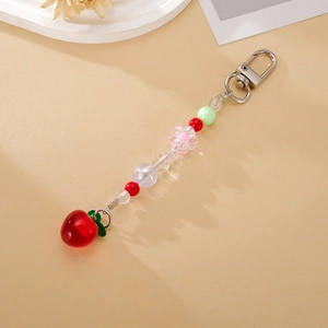 Beaded apple pendant keychain with pastel floral accents and silver lobster clasp