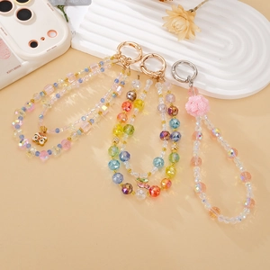Creative Beaded Phone Strap Bag Charm Rose Flower Lion Dance Cherry Pendant Glass Beads Colorful Lanyard Keyring For Women