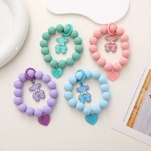 Cute macaron bear acrylic beaded wrist strap charms in pink, green, purple and blue