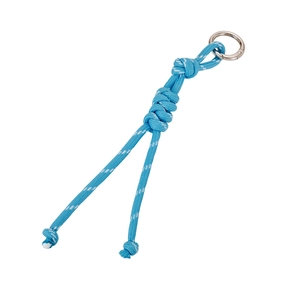 Handwoven blue and white nylon cord bag charm with silver carabiner ring accessory