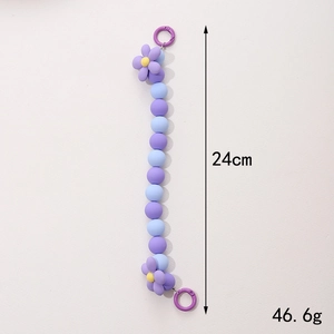 Frosted purple and blue beaded phone strap with flower charms, 24cm length and 46.6g weight