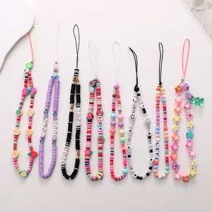 Handmade Polymer Clay Beaded Phone Lanyard Wrist Strap Love Letter Smiley Heart Fruit Phone Chain For Women Gift