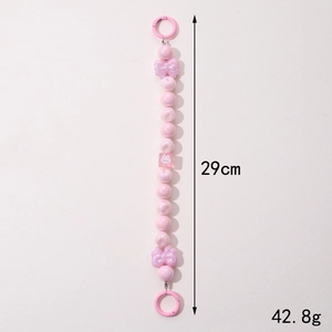 Pink bow beaded keychain strap with bunny charm and metal clasps, 29cm length