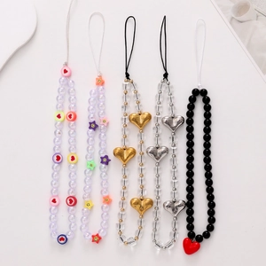 Handmade Beaded Phone Charm Acrylic Crystal Heart Star Smile Face Wrist Strap For Phone Case Decoration Women Gift Accessory