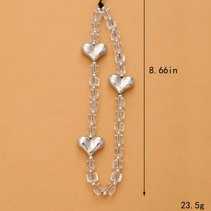 Beaded heart phone lanyard with silver hearts and crystal beads measuring 8.66 inches