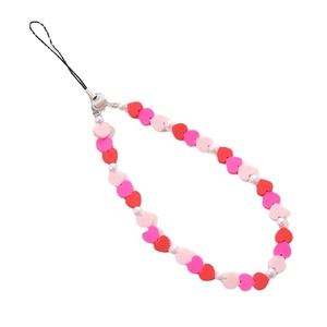 Acrylic heart beads and pearls phone strap wristlet with silver clasp on white background