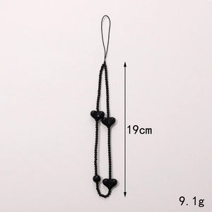 Handmade 19cm colorful heart beaded phone strap and black round acrylic lanyard charm