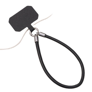 Short leather phone wrist strap with black nylon tether tab and metal spring ring