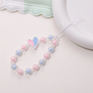 Handmade beaded phone charm with colorful heart pendant and pastel macaron beads