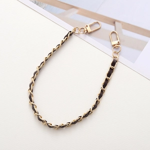 Classic gold metal and dark leather woven chain strap with lobster clasps for bags