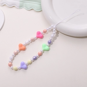 Colorful handmade beaded heart phone strap with white imitation pearls and acrylic charms