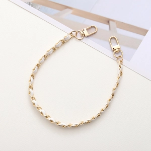 Elegant gold metal chain interwoven with white leather strap and dual lobster clasps