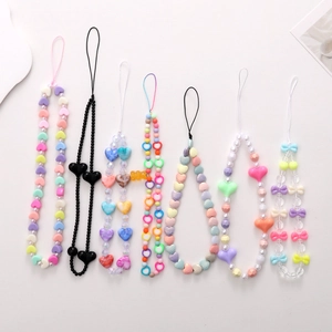 Handmade Colorful Beaded Phone Chain With Acrylic Heart And Bow Charms Anti-Loss Mobile Phone Strap Accessory For Women Girls