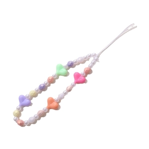 Handmade macaron beaded phone strap with colorful heart resin charms and pearls