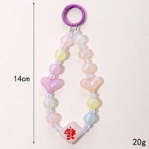 Acryl Handy-Trageriemen mit Makronenperlen Herz und Mahjong-Anhänger 14cm lang