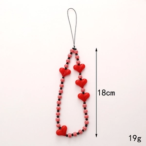 Colorful acrylic heart and striped beaded phone strap 18cm wrist lanyard for anti-drop