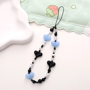 Handmade heart beaded phone strap with blue and black beads and white pearls