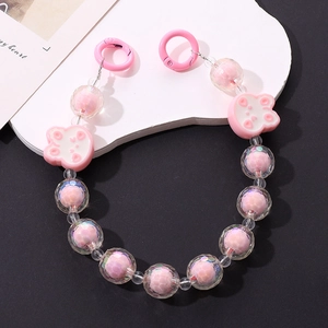 Sweet pink beaded phone strap with cute bear charms and dual round hooks for easy carrying