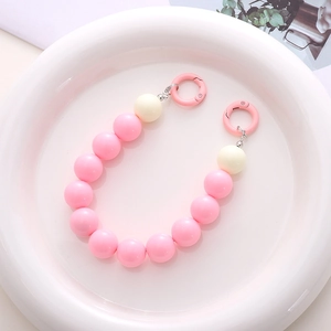 Pink and white 16mm acrylic bead phone strap with circular carabiner for DIY accessories