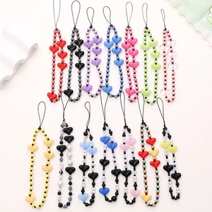 Handmade Acrylic Heart Beaded Phone Chain Stripe Bead Anti-Loss Lanyard Wrist Strap Women Phone Accessory Decoration