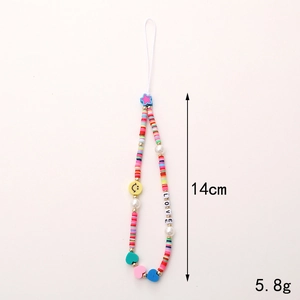 Colorful handmade smiley face phone strap with LOVE letters and soft ceramic beads