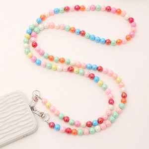 Detail of colorful macaron acrylic beads crossbody phone strap with silver metal clasp