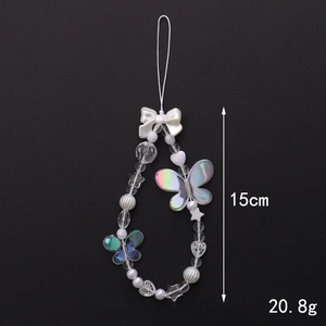 Iridescent mermaid rabbit beaded phone strap with resin bow charms and pearl accents