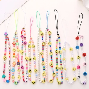 Handmade Colorful Beaded Phone Lanyard Smiley Face Heart Flower Soft Clay Artificial Pearl Anti-Lost Strap For Women Case Charm Y2K Jewelry