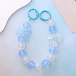 Luminous light blue beaded phone chain with mermaid acrylic beads and cute butterfly bows